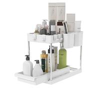 Mondeer Rangement sous Évier, Coulissant Organiseur sous Évier, Multifonctions, 2 Niveaux, 4 Crochets et 2 Porte-Tasses, pour Bureaux Cuisines Salles de Bains, W22 x D40.7 x H32.5cm, Blanc