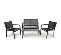 Mondeer Salon de Jardin Exterieur 4 Pièces, Mobilier de Jardin avec 3 Fauteuils et 1 Table en Verre, Meubles Terrasse en Métal et Textilène pour Patio, Jardin et Extérieur, Noir