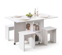 Mondeer Table à manger avec 4 tabourets Peu encombrante (120x80→33x80cm), Sur roulettes avec freins, Fonction 3 en 1 & Montage rapide Blanc