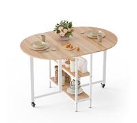 Mondeer Table à Manger Pliable, Table de Cuisine avec 2 Etagères de Rangement, Design Bord Arrondi, pour Petits Espaces Salle à Manger Cuisine, 120 x 80 x 75 cm, Chêne et Blanc