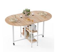 Mondeer Table à Manger Pliable, Table de Cuisine avec 2 Etagères de Rangement, Design Bord Arrondi, pour Petits Espaces Salle à Manger Cuisine, 140 x 80 x 75 cm, Chêne et Blanc