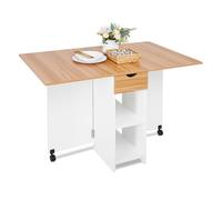 Mondeer Table à Manger Pliable, Table pliante avec 1 Tiroir et 2 Etagères,Table de Cuisine Pour Petit Espace, Chêne Rouge et Blanc