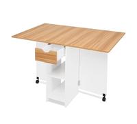 Mondeer Table à Manger Pliante pour 4 à 6 Personnes, Table Pliante avec tiroir et 2 étagères Ouvertes pour Petits espaces, Salle à Manger, Cuisine, 120 x 72 x 75 cm, Blanche et chêne Rouge
