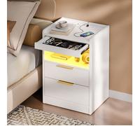 Mondeer Table de Chevet LED avec Tiroir Caché, Table de Nuit Charge USB/Prise, 3 Tiroirs+Compartiment Ouvert, 60x37x35cm, Blanc