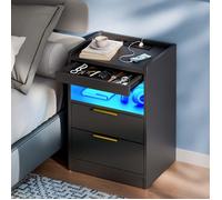 Mondeer Table de Chevet LED avec Tiroir Caché, Table de Nuit Charge USB/Prise, 3 Tiroirs+Compartiment Ouvert, 60x37x35cm, Noir