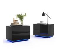 Mondeer Table de Chevet Lot de 2 avec LED, Chevet de Lit avec 2 Tiroirs, Table d'Appoint Pour Chambre/Salon,60L x 39P x 40H cm, Noir