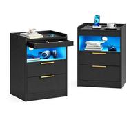 Mondeer Table de Chevet Lot de 2 LED avec Tiroir Caché,Table de Nuit Charge USB/Prise,3 Tiroirs+Compartiment Ouvert,60x37x35cm,Noir