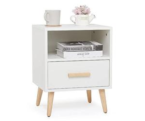 Mondeer - Table de Chevet - Table d'appoint avec 1 Tiroir et 1 Étagère Ouverte, 40x30x51cm Table de Nuit avec Pieds en Bois Massif, Blanc Style Simple pour Chambre et Salon