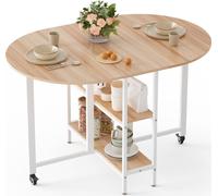 Mondeer Table à Manger Pliable, Table de Cuisine avec 2 Etagères de Rangement, Design Bord Arrondi, pour Petits Espaces Salle à Manger Cuisine, 120 x 80 x 75 cm, Chêne et Blanc