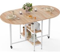 Mondeer Table à Manger Pliable, Table de Cuisine avec 2 Etagères de Rangement, Design Bord Arrondi, pour Petits Espaces Salle à Manger Cuisine, 140 x 80 x 75 cm, Chêne et Blanc