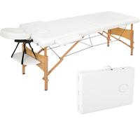 Mondeer Table de massage 2 zones avec pieds en bois Table de massage mobile 198x60 cm jusqu'à 250kg Blanc