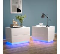 MONDEER Table de nuit LED Table de nuit (2 pièces), table de nuit brillante avec éclairage LED et 2 tiroirs blancs