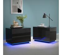 MONDEER Table de nuit LED Table de nuit (2 pièces), table de nuit brillante avec éclairage LED et 2 tiroirs Noir