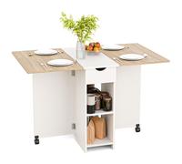 Mondeer Table de salle à manger Table de cuisine pliante avec un tiroir et deux étagères de stockage Table de salle à manger Table basse avec pieds réglables Chêne+Blanc