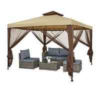 Mondeer Tonnelle de Jardin 3x3m, Tente Réception à Double Toit avec 4 Moustiquaires Amovibles Zippées, Cadre en Métal, Style Moderne et Luxueux, Kaki