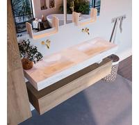 Mondiaz ALAN-DLUX Ensemble de meuble - 150cm - meuble Washed Oak mat - 1 tiroir - Lavabo Cloud Ostra suspendu - vasque Gauche et droite - 0 trous de robinet ADX150Was1LD0Ost