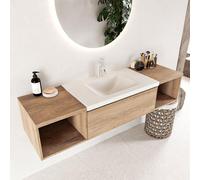 MONDIAZ BUKLA 160cm ensemble de meuble avec module ouvert 40 L+R couleur Chêne blanchi avec 2 tiroirs. Lavabo CLOUD centre 1 trou de robinet couleur Talc. BUKLA20032
