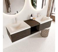 MONDIAZ BUKLA 160cm meuble de salle de bain avec module ouvert 40 couleur Marron Foncé avec 2 tiroirs. Lavabo CLOUD double 2 trous de robinet couleur Talc. BUKLA20100