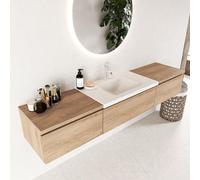 MONDIAZ BUKLA 200cm ensemble de meuble avec module 60 couleur Chêne blanchi avec 3 tiroirs. Lavabo CLOUD milieu 1 trou de robinet couleur Talc. BUKLA10056