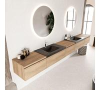 MONDIAZ BUKLA meuble de salle de bain 340cm avec module 60 couleur Chêne blanchi avec 5 tiroirs. Lavabo CLOUD double 2 trous de robinet couleur Urbaine. BUKLA10128