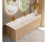 MONDIAZ KURVE-DLUX 145cm Meuble salle de bain avec module 25 D - couleur Oak - 1 tiroir - 1 porte - vasque BIG LARGE gauche - 2 trous de robinet - couleur Frappe KRVBGL145R1L1D2KL-Oak/Fra