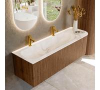 MONDIAZ KURVE-DLUX 145cm Meuble salle de bain avec module 25 D - couleur Walnut - 1 tiroir - 1 porte - vasque BIG LARGE gauche - 2 trous de robinet - couleur Frappe KRVBGL145R1L1D2KL-Wal/Fra