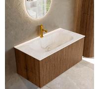 MONDIAZ KURVE-DLUX 90cm Meuble salle de bain - couleur Walnut - 1 tiroir - vasque BIG SMALL centre - 1 trou de robinet - couleur Frappe KRVBGS901L0D1KM-Wal/Fra