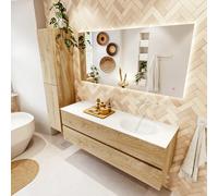 MONDIAZ VICA meuble sous lavabo 150cm Chêne blanchi 2 tiroirs. Lavabo MOON à droite sans trou de robinet, couleur Talc. VICA150Was2LR0MOTal