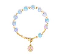 Mondo Cattolico Bracelet chapelet doré avec perles rose et bleu clair panachées, médaille miraculeuse rose, bracelet de prière catholique pour femmes et hommes