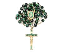 Mondo Cattolico - Chapelet catholique béni pendant l'Angélus du Pape, collier chapelet vert de la Vierge miraculeuse avec divers verres sur une chaîne en laiton doré,