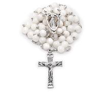 Mondo Cattolico Chapelet Traditionnel en Perles de Nacre avec Médaille Centrale de Jésus du Sacré Cœur et Crucifix Saint Esprit, Étain, Perle