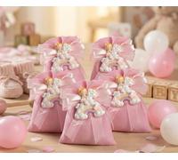 Mondocreazioni Harmony STNB25087 Lot de 5 sachets roses avec dragées en résine pour naissance, baptême, 5 pièces avec fille sur licorne et arc-en-ciel