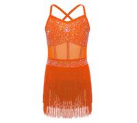 Monduelle Enfant Justaucorps Gymnastique Rythmique Robe De Danse Latine pour Filles Combinaison Danse Gland Franges Orange Fluo 13-14 Ans