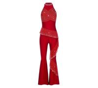 Monduelle Femme Une Pièce Unitard Une Pièce Jumpsuit Salopettes Volants Vêtements Danse Latino Américaine Combinaisons Pour Femmes Essai Rouge L