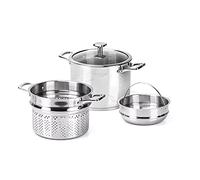 Moneta Accordo Inox Combi Pot à Vapeur avec Couvercle en Verre et 2 Poignées, Double Panier à Vapeur, Revêtement Extérieur en Acier Inoxydable Brossé, Convient à Toutes les Plaques de Cuisson, 24 cm