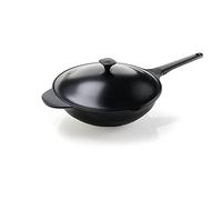 Moneta Lirica Wok avec Couvercle et Deux Poignées, Revêtement Extérieur Noir Satiné Antiadhésif et Anti-Rayures, Convient à Tout Type de Cuisinière, lavable au Lave-vaisselle, 32 cm