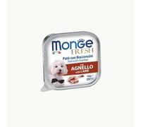 Monge Fresh chien, humide pour chiens de toutes tailles et races, pâté avec bouchées goût AGNEAU | 32 boîtes de 100 grammes chacune.