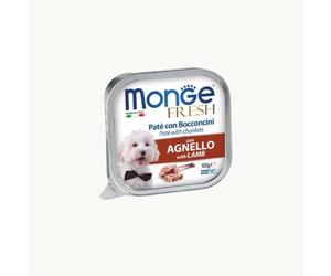 Monge Fresh chien humide pour chiens de toutes tailles et races, pâté avec bouchées goût AGNEAU | 6 boîtes de 100 grammes chacune.