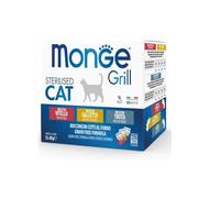 MONGE Grill Multipack de nourriture stérilisée pour chat adulte avec poulet, truite et veau, riche en vitamines, sans céréales, bien digestible, 85 g
