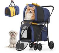 MoNiBloom Poussette double pour chien avec sacs de transport amovibles, grande taille, 4 roues, pliable, pour chiens de petite et moyenne taille, bleu marine/jaune