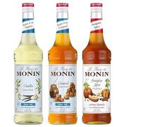 MONIN - Assortiment Vanille Sans Sucre + Caramel Sans Sucre + Sirop de Citrouille Saveur Epicée - Pour Café, Chocolat Chaud, Capuccino ou Latte - Arômes Naturels - Bouteille en Verre - 3 x 70 cl