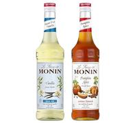 MONIN - Assortiment Vanille Sans Sucre MONIN + Sirop de Citrouille Saveur Epicée - Pour Café, Chocolat Chaud, Capuccino ou Latte - Arômes Naturels - Bouteille en Verre - 2 x 70 cl
