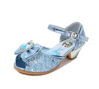 Monissy 2021 Eté Fille Sandales à Talon Bas Reine des Neiges Princesse Elsa Chaussures Bout Ouvert Noeud Elsa Badge PU Cuir Paillettes Anniversaire Soirée Danse Party