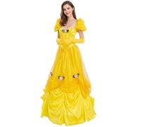 Monissy Costume Belle pour Femme Adulte Robe Déguisement La Belle et la Bête Classique Élégant Carnaval Cosplay Halloween Fête Noël Anniversaire Soirée Jaune avec Gants,Jaune,S