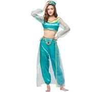 Monissy Costume Princesse Jasmin Aladdin Femmes Adulte Hauts et Pantalons Ensemble de Vêtements Halloween Soirée Noël Carnaval Anniversaire Fête Cosplay Partie,Vert,XL