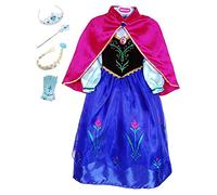 Monissy Costume Reine des Neiges Princesse Elsa Anna Robe Tutu Bleu Arabesque Imprimé Manche Longue Tulle Floral Cape Rouge Diadème Perruque Gants Baguette Déguisement Halloween Anniversaire 3-10 ans