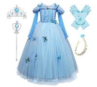 Monissy Costume Reine des Neiges Princesse Elsa Robe à Plusieurs Niveaux Bleu Dentelle Manche Longue Tulle Brillant Papillon Diadème Perruque Gant Baguette Déguisement Halloween Anniversaire,Bleu, 130