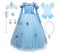 Monissy Costume Reine des Neiges Princesse Elsa Robe Bleu Dentelle Manche Longue Tulle Brillant Papillon Diadème Perruque Gant Baguette Déguisement Halloween Anniversaire,Bleu 6pc,130