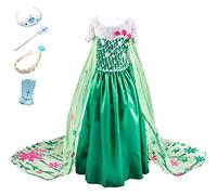 Monissy Costume Reine des Neiges Princesse Elsa Robe Maxi Vert Fleur Stéréoscopique Imprimé Dentelle Cape Floral Imprimé Diadème Perruque Gants Baguette Déguisement Halloween Anniversaire 3-10 ans