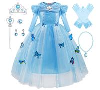 Monissy Déguisement de Princesse Cendrillon Tulle Manches Courtes Reine des Neiges Princesse Elsa Robe Longue Tulle Papillons Déguisement Soirée Halloween Noël Carnaval, Bleu 2, 110